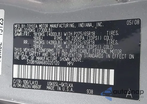 2008 Toyota Sequoia Limited 5.7L V8 z USA, uszkodzony, nr VIN 5TDBY68A68S020120